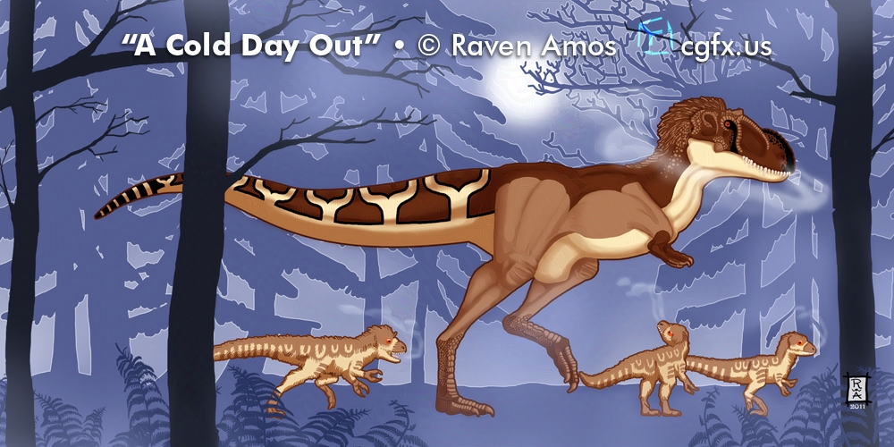 A mother Albertosaurus and her 3 chicks go for a stroll on a cold day in early winter through the towering dawn redwood forests of Cretaceous Alaska. Steam issues from their muzzles and noses as one of the chicks is straggling behind and trying to catch up.
