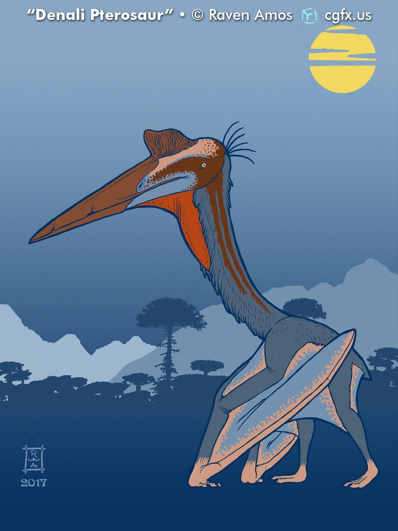 A large azhdarchid pterosaur, known in Alaska only from footprints, walking along the ground in ancient Denali Park, Alaska. The sun is hazy and obscured by clouds as trees and mountains loom in the blue distance. © Raven Amos