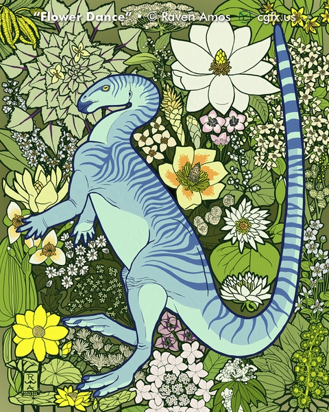 A blue striped dinosaur, Parksosaurus, dances in front of a field of flowering Cretaceous era plants known from Alaska and the Arctic, including magnolias, lotus, grapes, witch hazel, and moonseed vines. © Raven Amos