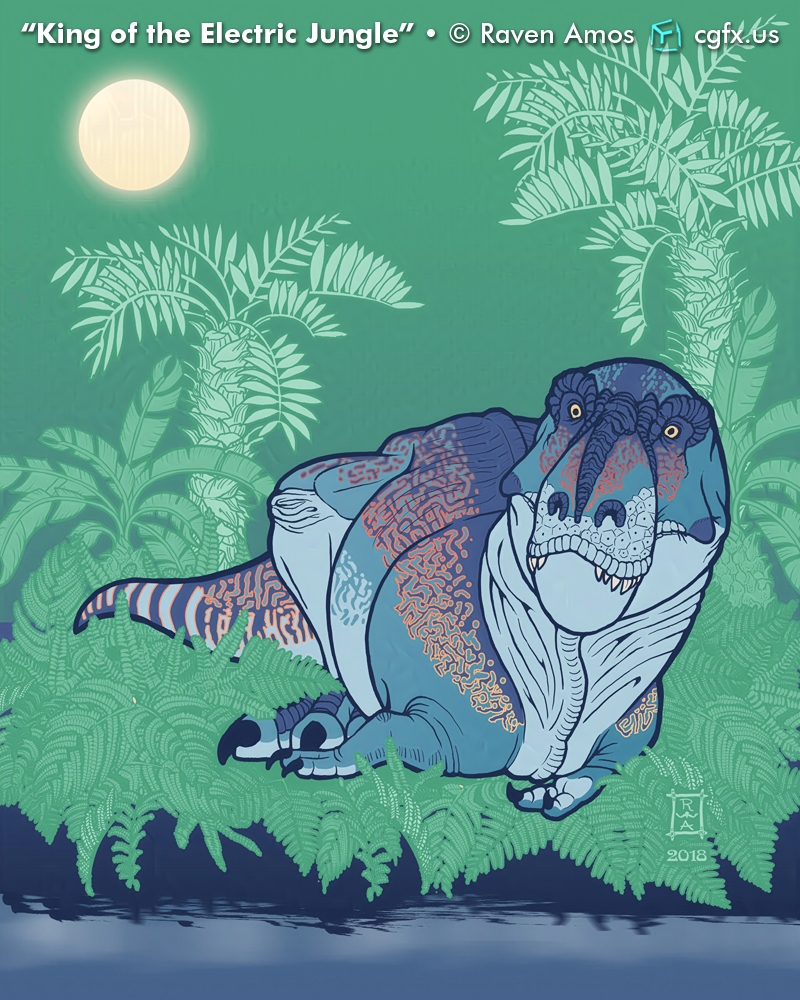 A lounging blue Tyrannosaur stares out of a hazy electric green jungle across a lazy stream on a warm afternoon in late summer. © Raven Amos