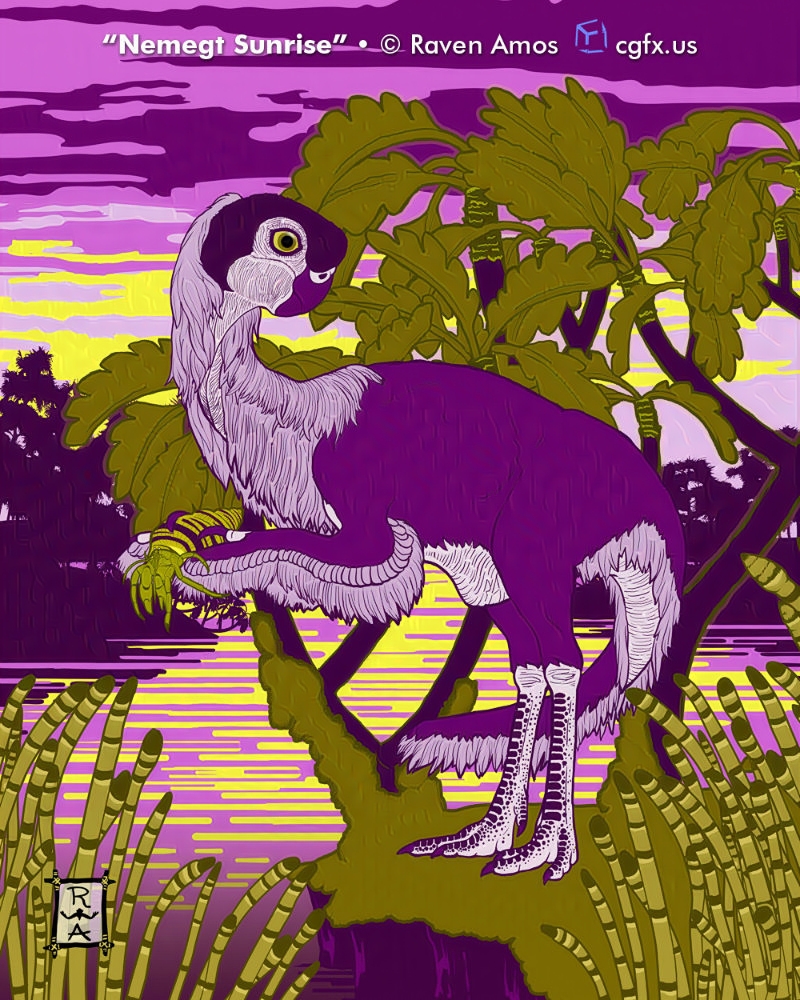 Conchoraptor gracilis clutches a hermit crab inside a Viviparus river snail shell. Reeds and ancient cycads obscure the light of the rising sun, lending a pink-tinged hue to the scene. © Raven Amos