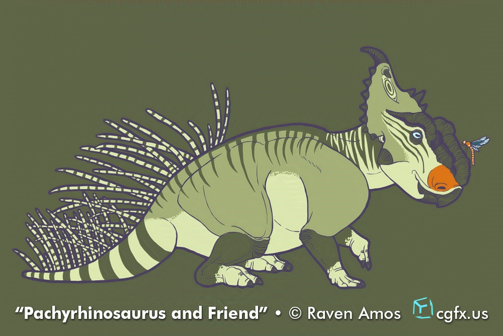 The Alaskan ceratopsian dinosaur, Pachyrhinosaurus perotorum, has a chat with a large dragonfly. © Raven Amos