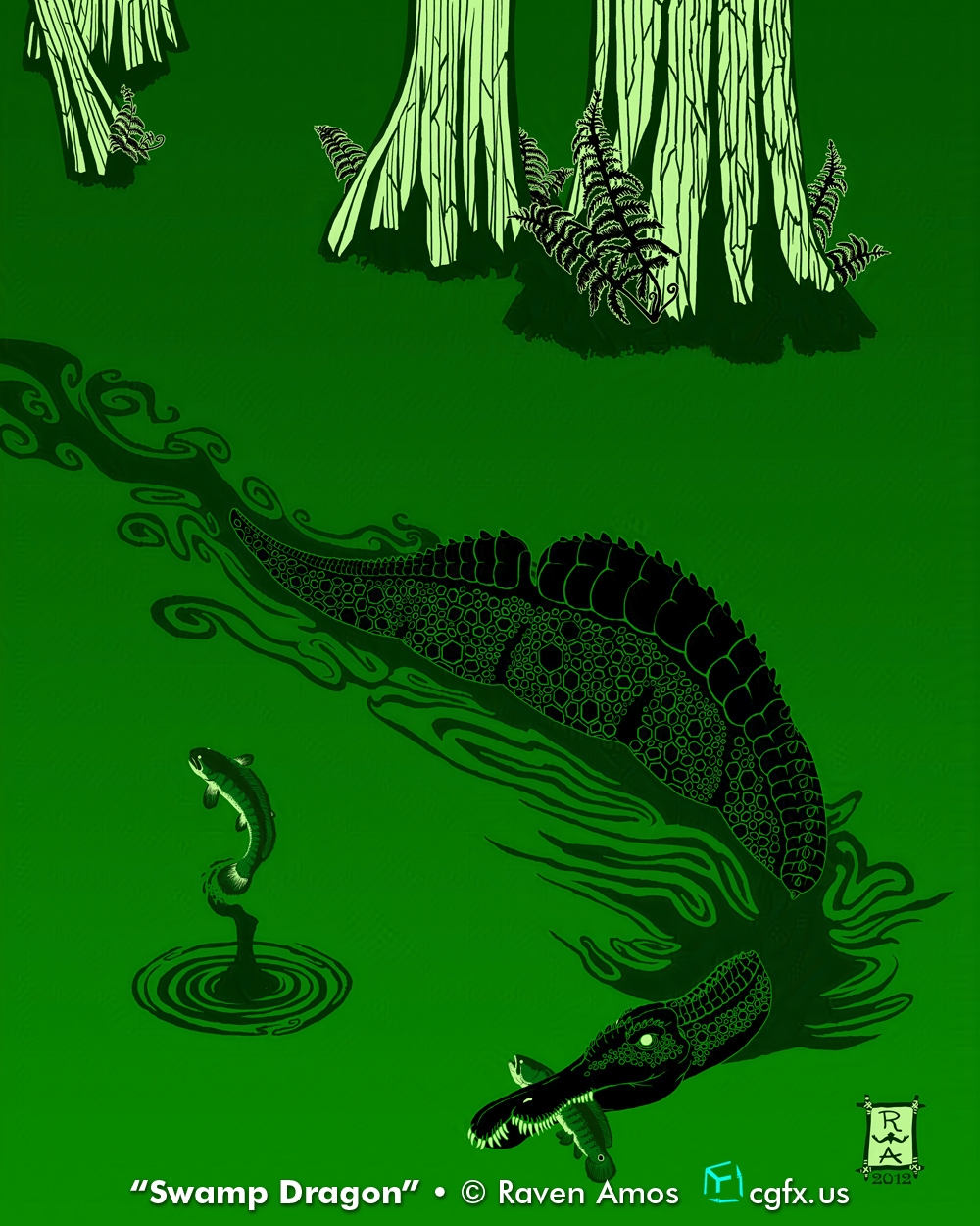 Icthyovenator laosensis, a spinosaurid dinosaur from the Early Cretaceous of Laos, cruises along a duckweed-choked swamp. Pale cypress trees grow in the background with a few ferns clinging to their roots. A fish leaps out of the water next to the dinosaur while another fish becomes dinner. © Raven Amos