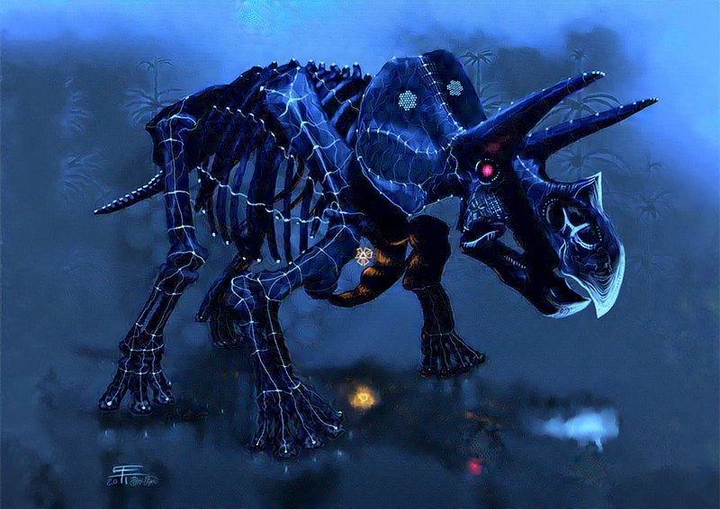 Trikeratos, based on Triceratops skeleton with lights on it.