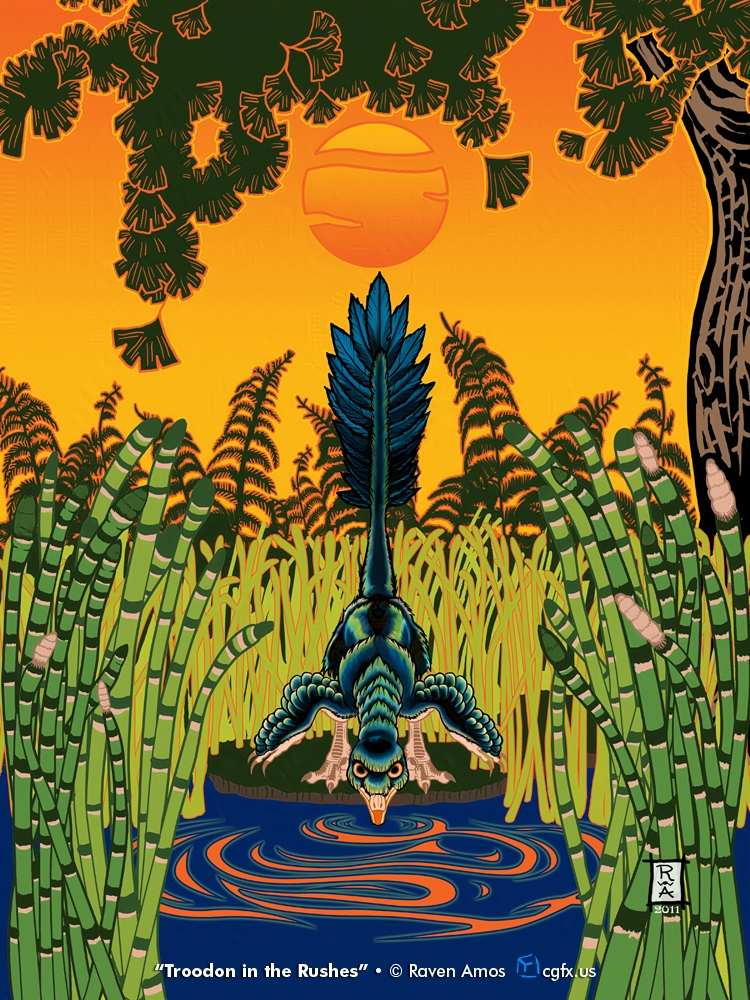 A troodon pauses for a drink at a rush-lined creek in the Colville River Basin, North Slope, Alaska ~70 million years ago. The scene shows a setting sun framed by a large gingko tree growing by the banks of the stream, ferns, and horsetails. The troodon looks right at the viewer face-on. © Raven Amos