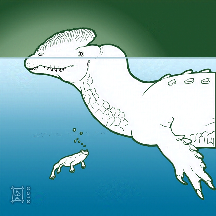 A dilophosaurus dinosaur floats in tranquil blue water with a small frog, Prosalirus, floating just out of sight underneath. The dinosaur is restored as a semi-aquatic hunter with turtle-like webbed forelimbs and alligator-like osteoderms along the back. © Raven Amos