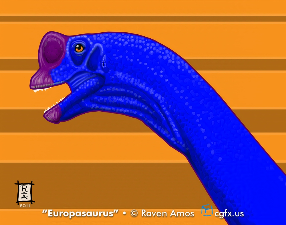Profile of a Europasaurus, a small, horse-sized sauropod from Jurassic Germany on a striped orange background. © Raven Amos