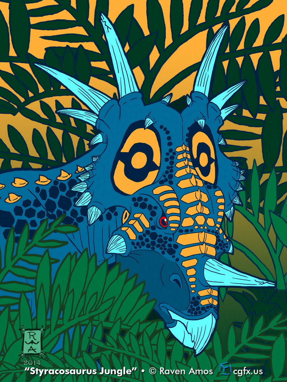 An electric blue Styracosaurus with bright orange scales and eye spots on its face peers out through a riot of cycads. Its bright blue horns and red eye seem to glow against the background. © Raven Amos