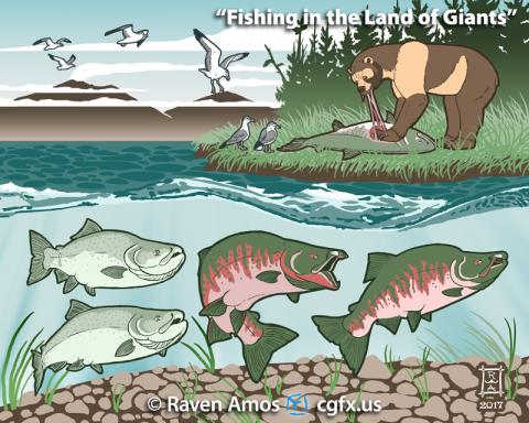 Scene depicting Pleistocene California with Oncorhynchus rastrosus, Arctodus simus, and Larus californicus.