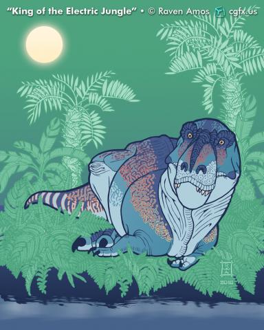 A lounging blue Tyrannosaur stares out of a hazy electric green jungle across a lazy stream on a warm afternoon in late summer.
