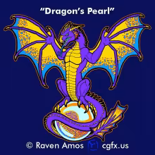 A purple dragon with blue-tipped yellow wings sits with them spread wide as he hisses at the viewer. He is perched on a giant neon-colored pearl that has a strange swirling pattern inside of it. © Raven Amos