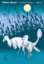 "Winter Moon" - an ukyio-e inspired painting of two dinosaurs, Geminiraptor suarezarum, wading through a seasonal floodplain, hunting for a midnight snack under a full moon. © Raven Amos