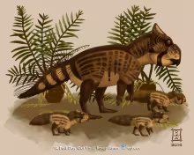 A mother Leptoceratops and her 3 chicks forage in the cycad undergrowth on a fall day. The chicks are small and fuzzy like the chicks of a bird, compared to the mother who has a coarser, darker coat with porcupine-like spines along her striped tail. © Raven Amos