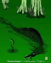 Icthyovenator laosensis, a spinosaurid dinosaur from the Early Cretaceous of Laos, cruises along a duckweed-choked swamp. Pale cypress trees grow in the background with a few ferns clinging to their roots. A fish leaps out of the water next to the dinosaur while another fish becomes dinner. © Raven Amos