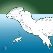 A dilophosaurus dinosaur floats in tranquil blue water with a small frog, Prosalirus, floating just out of sight underneath. The dinosaur is restored as a semi-aquatic hunter with turtle-like webbed forelimbs and alligator-like osteoderms along the back. © Raven Amos